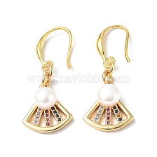 Colorful Cubic Zirconia Fan Dangle Earrings with Natural Pearl Beaded, Rack Plating Brass for Women