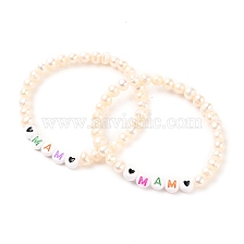 Mother's Day Gifts, Stretch Bracelets, with Natural Pearl Beads and Acrylic Beads, Word MaM