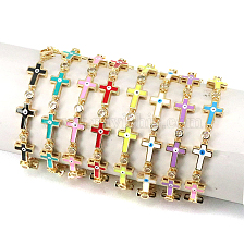 Enamel Cross with Evil Eye Link Chains Bracelet with Cubic Zirconia, Gold Plated Brass Jewelry for Women