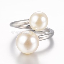 304 Stainless Steel Finger Rings, with Imitation Pearl, Size 8, Stainless Steel Color, 18mm