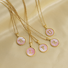 Stainless Steel Pink Shell Necklace Pendant, 18k Gold Plated Round Pendant