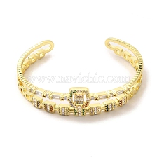 Square Glass Open Cuff Bangle with Cubic Zirconia, Golden Brass Jewelry for Women