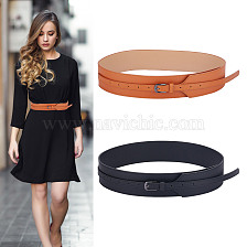 GOMAKERER 2Pcs 2 Colors PU Leather Chain Belts, Waist Belts with Alloy Clasps for Shirt Dress Overcoat Decorate