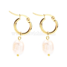 304 Stainless Steel Hoop Earrings, with Rice Natural Cultured Freshwater Pearl Beads, Golden