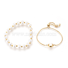 Pearl Bracelets Sets, Slider Bracelets and Stretch Bracelets, with Brass Findings, Round