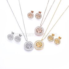 304 Stainless Steel Jewelry Sets, Pendant Necklaces and Stud Earrings, with Polymer Clay Rhinestone, Flat Round with Tree of Life