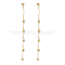 Brass Enamel Chain Tassel Earrings, with 304 Stainless Steel Stud Earring Findings and Iron Ear Nuts, Flower, Yellow