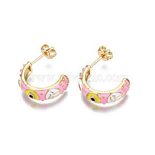 Brass Enamel Half Hoop Earrings, with Ear Nuts, Nickel Free, Letter C Shape with Evil Eye, Real 16K Gold Plated