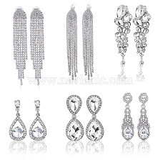 FIBLOOM 6 Pairs 6 Style Alloy Rhinestone Teardrop Dangle Clip-on Earrings, Brass Chains Tassel Stud Earrings