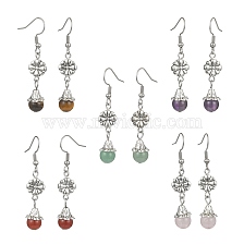 5 Pairs 5 Style Natural Mixed Genstone Teardrop Dangle Earrings, Alloy Flower Drop Earrings