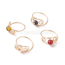 Round Natural Gemstone Braided Finger Ring, Golden Copper Wire Wrap Jewelry for Women