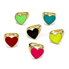 Adjustable Brass Enamel Finger Rings, Heart, Real 18K Gold Plated