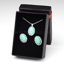 Trendy Synthetic Turquoise Pendant Necklaces and Ear Studs Jewelry Sets, with Silver Color Plated Brass Rhinestone Cup Chain, 18 inch , 19x15x5mm, Pin: 0.8mm, 1set/box