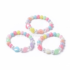 Kids Acrylic Beaded Stretch Bracelets, with Round Eco-Friendly Plastic Imitation Pearl and Heart AB Color Plated Opaque Acrylic