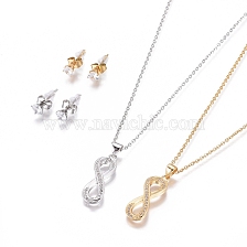 304 Stainless Steel Jewelry Sets, Brass Micro Pave Cubic Zirconia Pendant Necklaces and 304 Stainless Stud Earrings, with Plastic Ear Nuts/Earring Back, Infinity