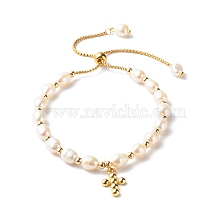 Adjustable Natural Pearl Beads Slider Bracelets, with 304 Stainless Steel Venetian Chains and Brass Cross Charm