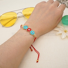 Friendship Evil Eye Loom Pattern Seed Beads Bracelets for Women, Adjustable Nylon Cord Braided Bead Bracelets