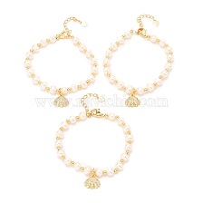 Brass Micro Pave Cubic Zirconia Shell Shape Charms Bracelets, Real 18K Gold Plated, with Natural Pearl, Long-Lasting Plated