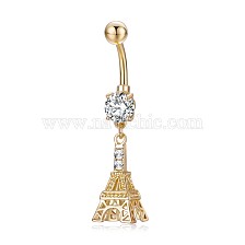 Piercing Jewelry, Brass Cubic Zirciona Navel Ring, Belly Rings, with 304 Stainless Steel Bar, Lead Free & Cadmium Free, Eiffel Tower