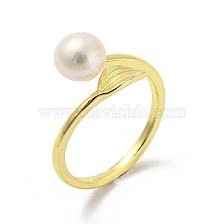 Brass Leaf Open Cuff Rings, with Natural Pearl