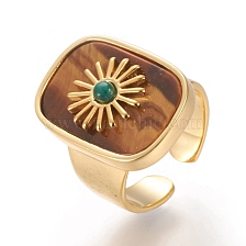 Natural Gemstone Cuff Rings, Open Rings, Long-Lasting Plated, Rectangle with Sun, Real 18K Gold Plated